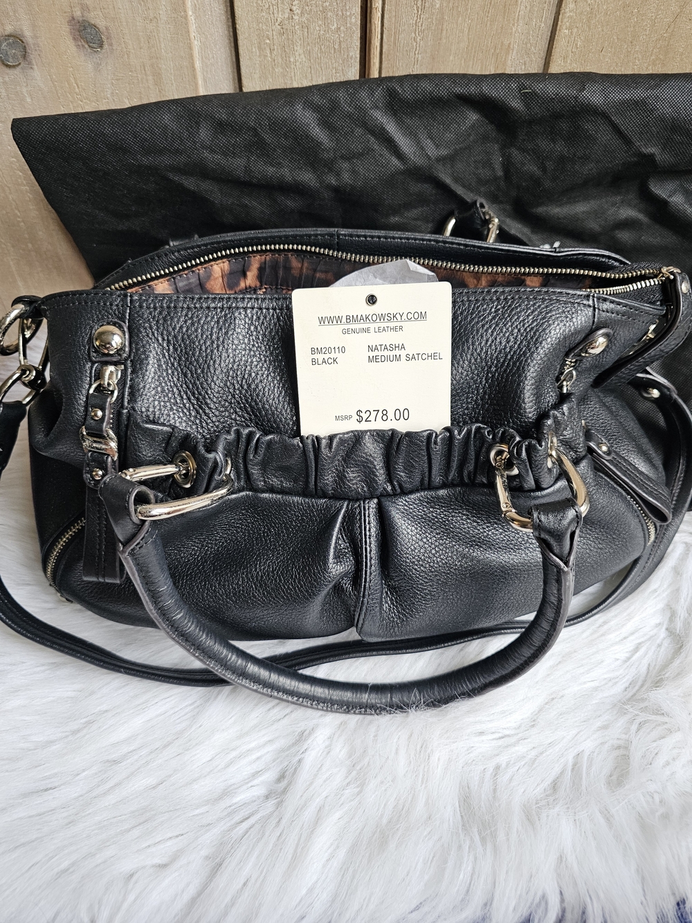 b. makowsky Black Leather Natasha Medium Satchel